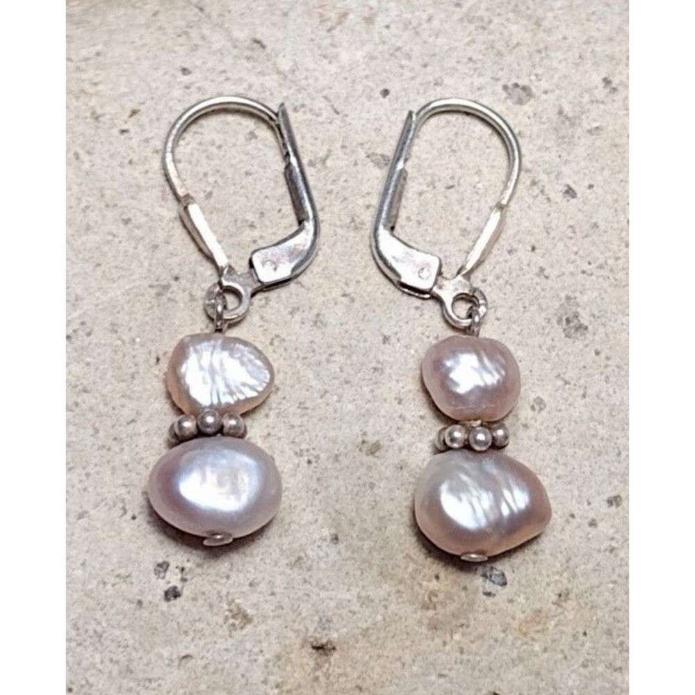 Coin Pearl Sterling Silver .925 Leverback Drop Dangle Earrings